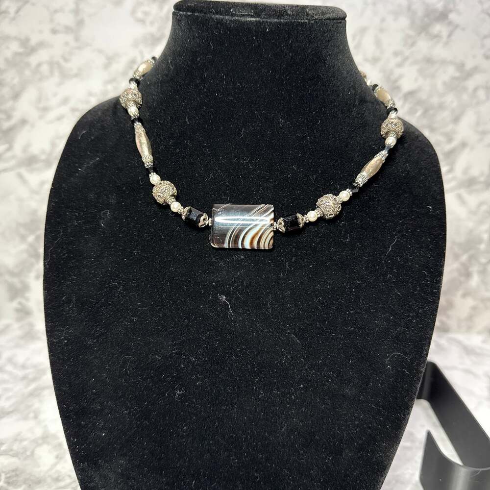 Banded Agate and Sterling Silver Beaded Statement‎ Necklace